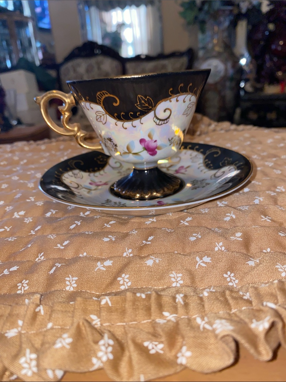 Vintage Royal Sealy Ornate Black and Gold Floral Pedestal Teacup and Saucer